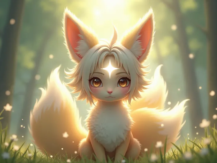 handsome seven-year-old kitsune boy with nine tails and white six