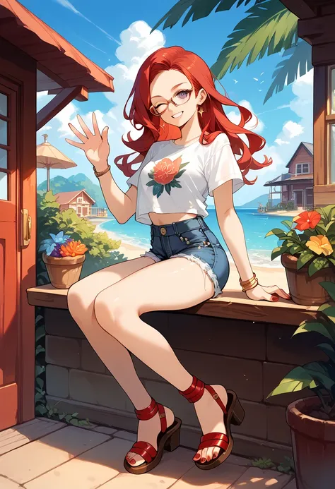 masterpiece, high definition , top quality,8k
(Mars ,red Hair, purple Eyes long hair, glasses, red nails, gold earings)
(Withe shirt, jean shorts, sandals, winking one eye, waving hand) receiving on the porch in the beach house
smile