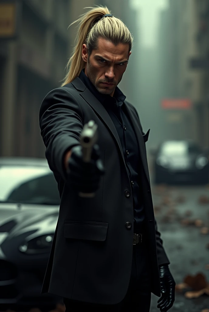 Generate a GTA-themed image featuring a dark blond haired man , collected by a pigtail and shaved on the sides  , who holds a gun and a nice car behind ,  belongs to the Mafia , He has a bad face  