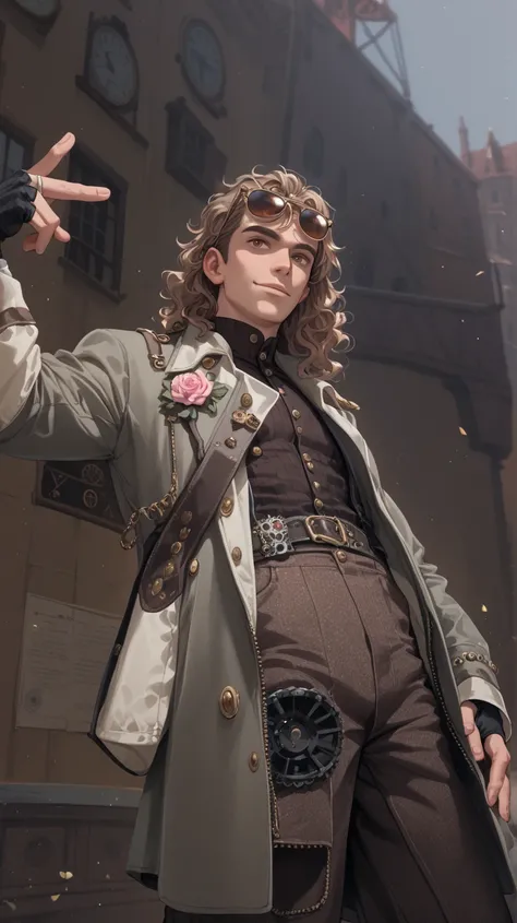 theo, a male canadian explorer with steampunk-style clothes, wavy hair, brown and beige palette clothes, a pink flower in his coat pocket, aviator sunglasses on his head, brown eyes and a skinny body, hes sassy