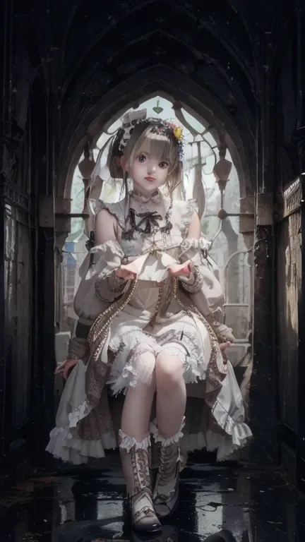  1 beautiful girl、 beautiful beautiful girl wearing yellow and white gothic lolita fashion、Lemon pattern on white background 、Blonde、 short bob、Flowing Hair、round face、 big eyes、Droopy eyes、Tall、 Japanese、Age 15、Unique Face、 Very Cute Face 、 curvy 、Tall、 l...