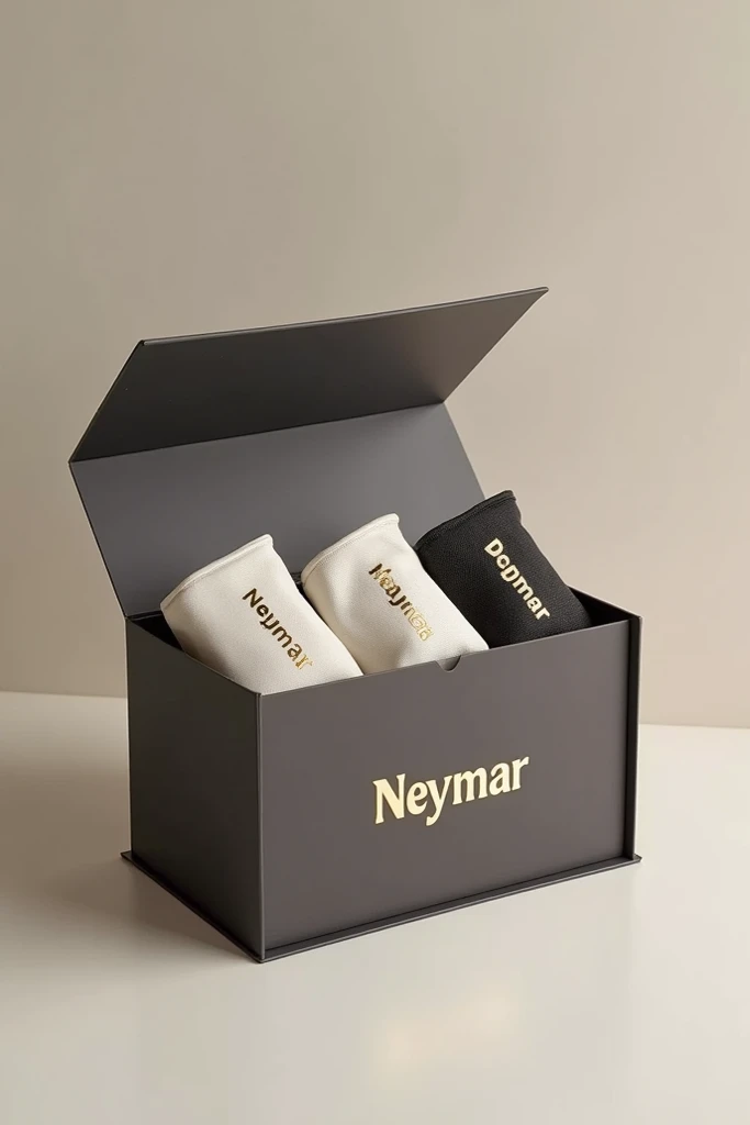  Create a gift box with 5 kits and cream written name.Neymar on the side of the box 