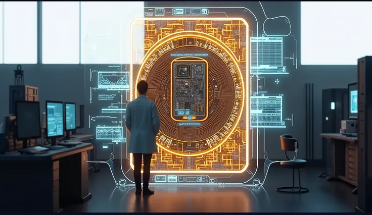 big chip of quantum supercomputer in a lab room with blue lights,  A technician reviews rapidly fluctuating readings.