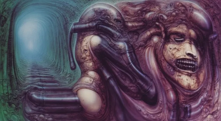 g1g3r, Giger_style, The image is a detailed view of H.R. Gigers " Aleph " plate, featuring a complex network of bones and organs in a purple-brown hue ,swirling gray and brown colors The image is an abstract painting featuring surreal, organic forms with i...