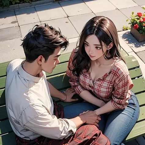 From above view of romance couple are talking and drinking coffee, sitting on a bench. Man is wearing plaid shirt unbuttoned. A woman is wearing a floral pattern batik blouse.