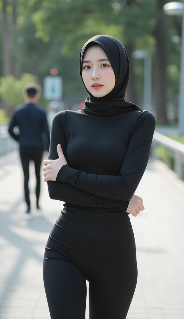 "A highly realistic half-body 2K image of a beautiful Korean woman with long legs, an hourglass figure, and radiant white skin. She is wearing a sleek black hijab that frames her elegant face, paired with a fitted black long-sleeve shirt that highlights he...