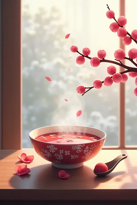  realistic style ，It was a clear day， top right with plum branches ， There is a bowl of red and white soup round in front of the window，steaming hot。Clear soup base ,  Some fallen plum petals on the countertop ,  Scoop with a soup ball , Minimalist backgro...