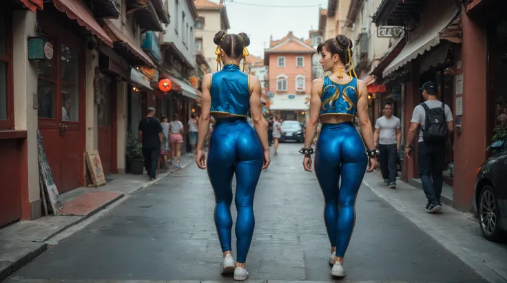 chun li of streth fighter with Kristin Kreuk face, in the china street, tight-fitting clothes, walking facing away, full body shot realistic image