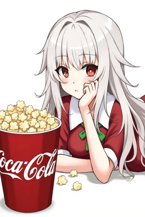 Female character lying with her hand on her face looking at a bucket of popcorn and a white-haired Coca-Cola long bucket of popcorn wearing a Christmas outfit with white hair 