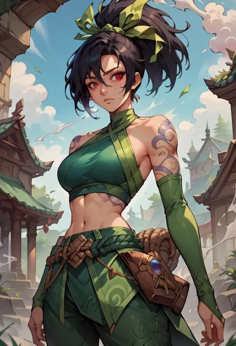 AkaliDefault, red eyes, black hair, mediumhair, high ponytail, tattoo, green ribbon, hair ribbon, green crop top, halterneck, green gloves, bridal gauntlets, rope belt, green pants, hip vent, masterpiece, mist, smoke