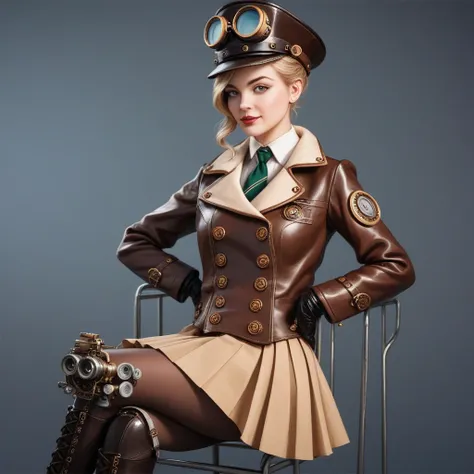 score_9, score_8_up, score_7_up, score_6_up, photo, realism, photorealistic, Industrial steampunk mechanic girl, perfectly detailed face, (hat:0.8), goggles, steampunk beige leather double breasted jacket, beige tweed fabric pleated skirt, (leather laced b...