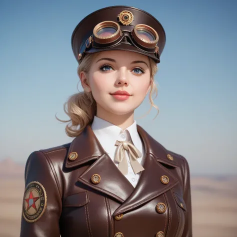 score_9, score_8_up, score_7_up, score_6_up, photo, realism, photorealistic, Industrial steampunk mechanic girl, perfectly detailed face, (hat:0.8), goggles, steampunk beige leather double breasted jacket, beige tweed fabric pleated skirt, (leather laced b...