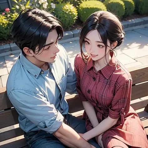 From above view of a young man and a young woman are talking and sitting on a bench. Both are laughing.

Man is wearing plaid shirt unbuttoned. 

A woman is wearing a floral pattern batik blouse. A woman tied her hair.