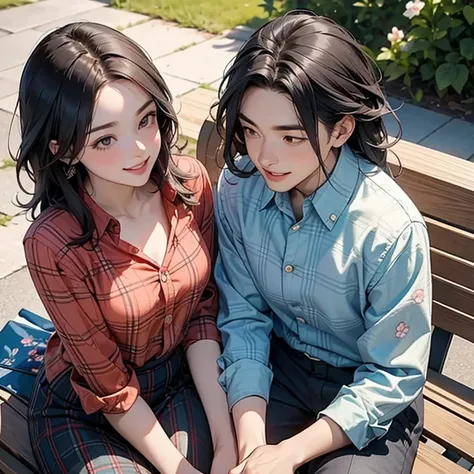 From above view of a young man and a young woman are talking and sitting on a bench. Both are laughing.

Man is wearing plaid shirt unbuttoned. 

A woman is wearing a floral pattern batik blouse. A woman tied her hair.