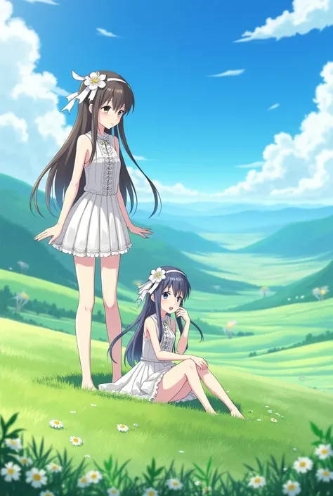 2 anime girls,one is tall and make them in a field