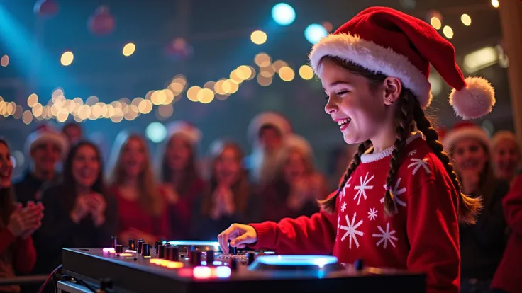 Picture a magical Christmas party where all eyes are drawn to a remarkable  girl, wearing a bright red holiday sweater adorned with twinkling snowflakes, as she confidently works the DJ booth with impressive skill; her small fingers dance across the mixing...