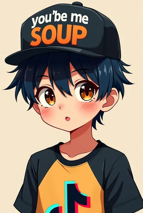 A dark-haired anime boy wearing a TikTok logo shirt with dark brown eyes and a hat that says he drinks soups
