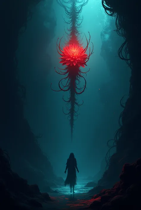 Deep in the sea, , the silhouette of a  is shown descending to a beautiful red flower that shines brightly, and whose stems and thorns are black .