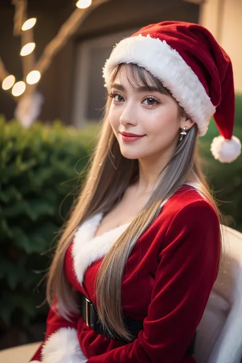 Beautiful girl looking at the viewer ,Put on a red christmas dress, velvet fabric, decorated with white fur trim, red tight skirt, velvet fabric trimmed with white fur trim ,, clear white skin, soft cheeks, Smiling charmingly, seeing ,Sharp face,  brown ey...