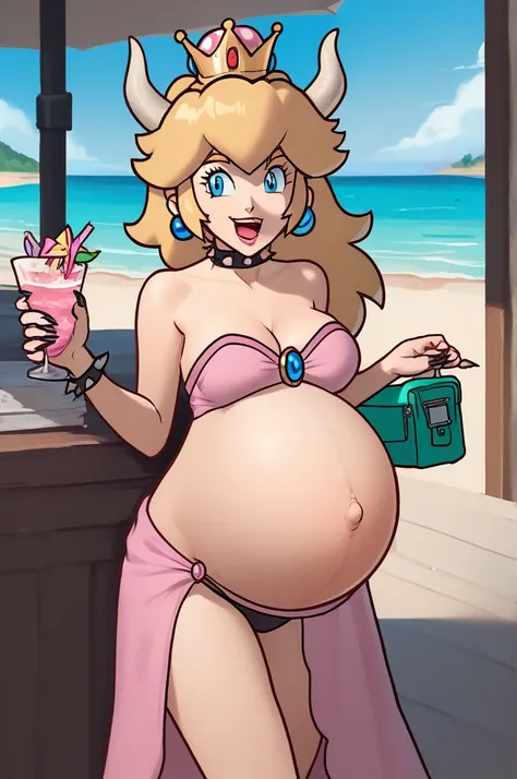 score_9, score_8_up, 1girl, solo, Bowsette, Princess Peach, style parody, thick outlines, bikini, Maternity dress, panties, pregnant belly, big belly, sleeveless, strapless, cleavage, indoors, beach, happy, showing his belly,