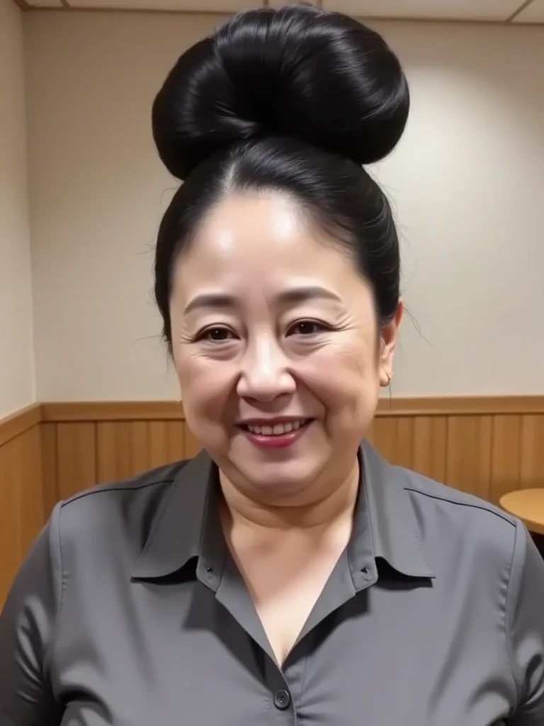 8k, top quality , masterpiece,  super high res,(masterpiece:1.6,  top quality ),  complicated details, Middle-aged woman in her 50s ,  Japanese ,  full body ,  On the head, (( huge bun hair , Big Hair Bun :1.5)),(( Jet Black Hair:1.5 )), ((Forehead:1.5)), ...