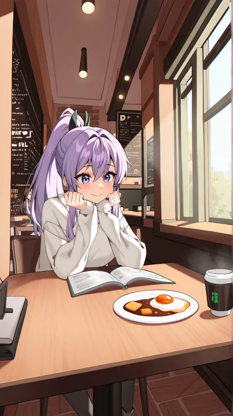  black-ponytail haired girl wearing knitwear enjoying coffee and breakfast at a cafe early in the morning, with a paperback book beside the table,  anime style , anime style,  atmospheric perspective, UHD, retina, masterpiece, accurate, anatomically correc...