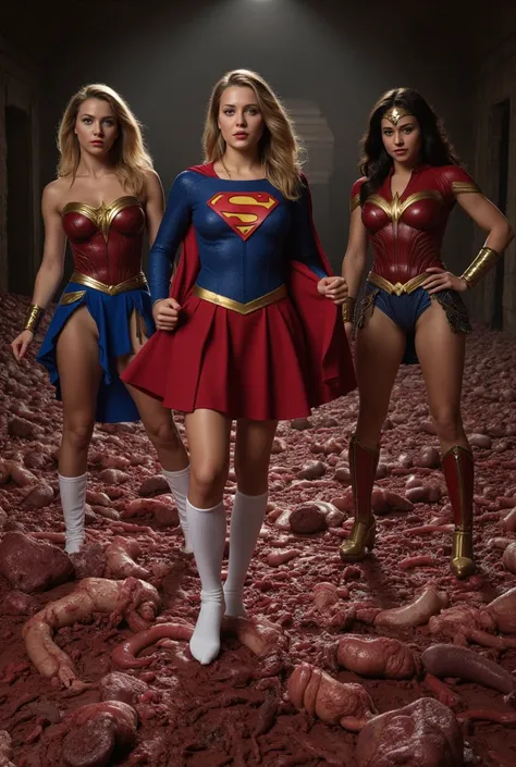  Supergirl and Captain Marvel and Wonder Woman wear white socks，Stepping on the sole of a bunch of human guts ，and stepped on human internal organs in close-up