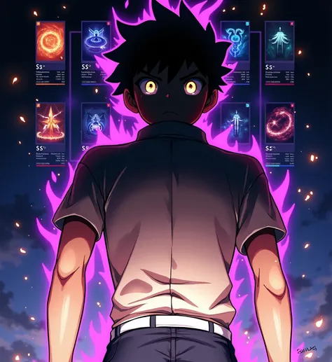 "Create a dramatic anime-style illustration of a determined young male protagonist staring upwards at a glowing holographic interface labeled SYSTEM. The interface floats above him, featuring six distinct cards arranged in rows, each labeled with different...