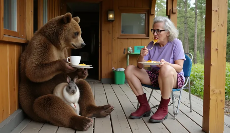 A funny bear, with a rabbit on his lap, is sitting drinking tea from a cup sitting on the porch of a cozy wooden house in the forest, next to a skinny, mischievous, reckless grandmother in a T-shirt and felt boots, wearing fashionable narrow glasses, eatin...