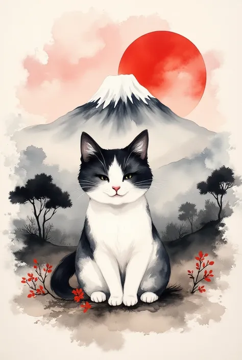 ArsMJStyle, Zen Ink Wash Sumi-e, cute Cat, Mt Fuji, Red Sun, black and red