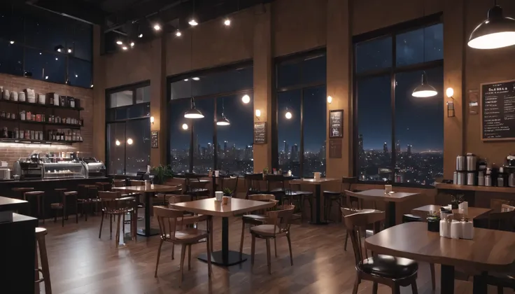 at night, frontal shot coffee shop interior,l tables with coffee cups, and a big window in the center