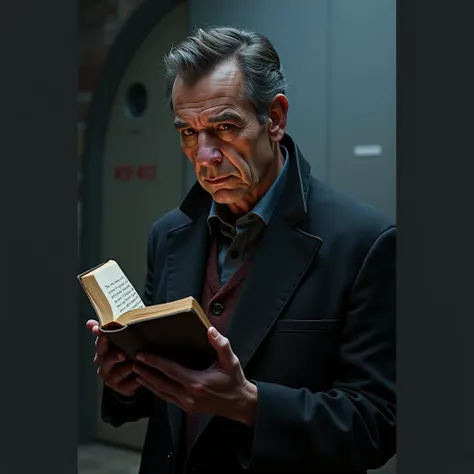 Detailed picture of Michael Jayston as Valeyard, Doctor Who, short black hair, regeneration, long coat, fully clothed, mild lens flate, reading a book on a TARDIS console room