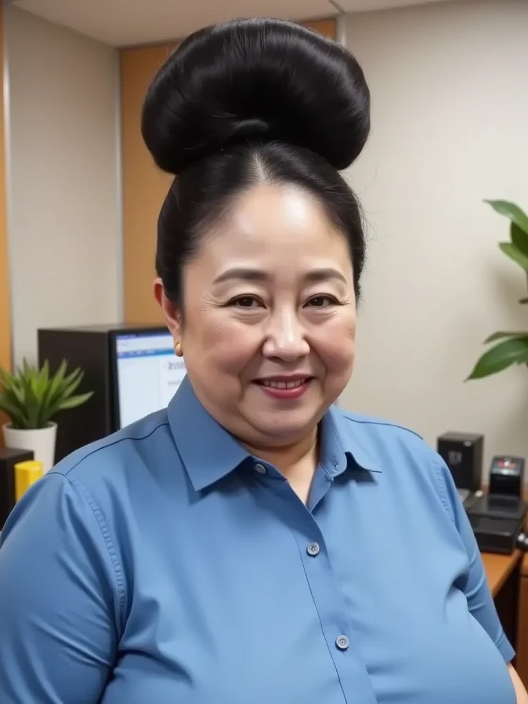 8k, top quality , masterpiece,  super high res,(masterpiece:1.6,  top quality ),  complicated details, Middle-aged woman in her 50s ,  Japanese ,  full body ,  On the head, (( huge bun hair , Big Hair Bun :1.5)),(( Jet Black Hair )), ((Forehead:1.5)), ((Ex...