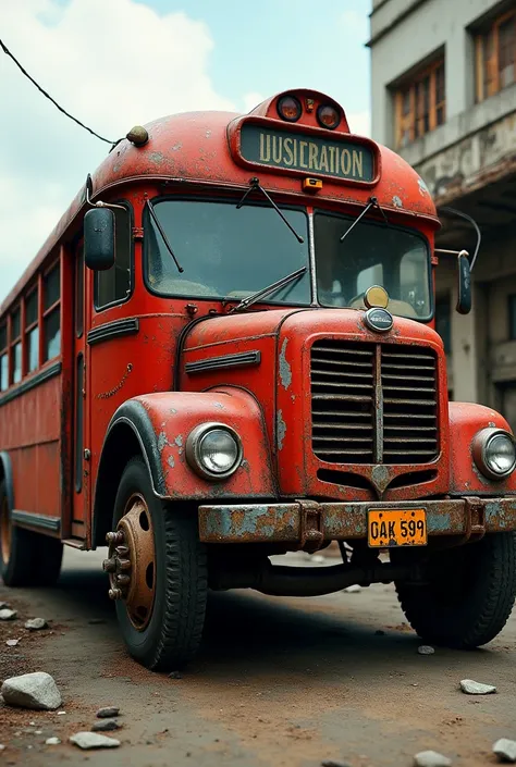 Red bus with damaged rubber 