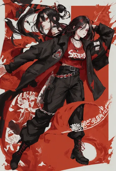  The character in the image is dressed in a black costume with red details.  The set includes a coat with Japanese text on the back ,  a t-shirt with a graphic design , sturdy pants and boots .  The character also wears accessories such as belts and a neck...