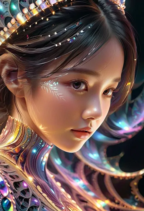  face close-up , fractal，Shine， One girl ，Glittering, Veela,  extremely fine luminescent quantum dots, Massive luminescence 