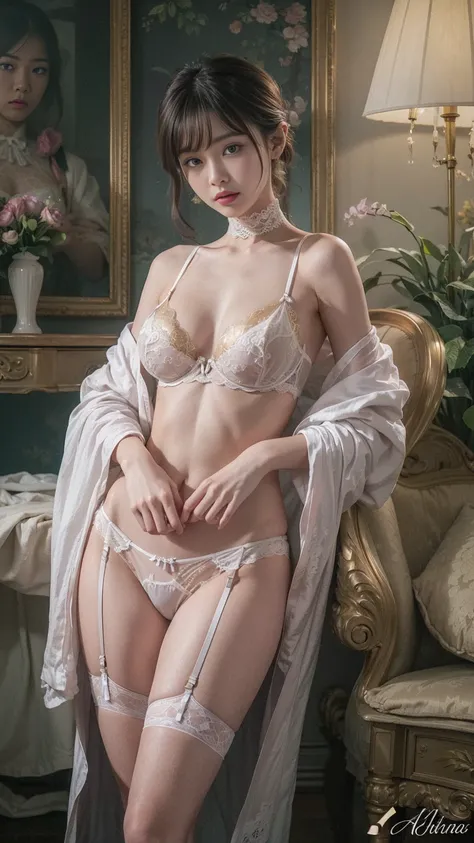 Beautiful Asian woman, white and gold lace lingerie, white voile robe, in art gallery 