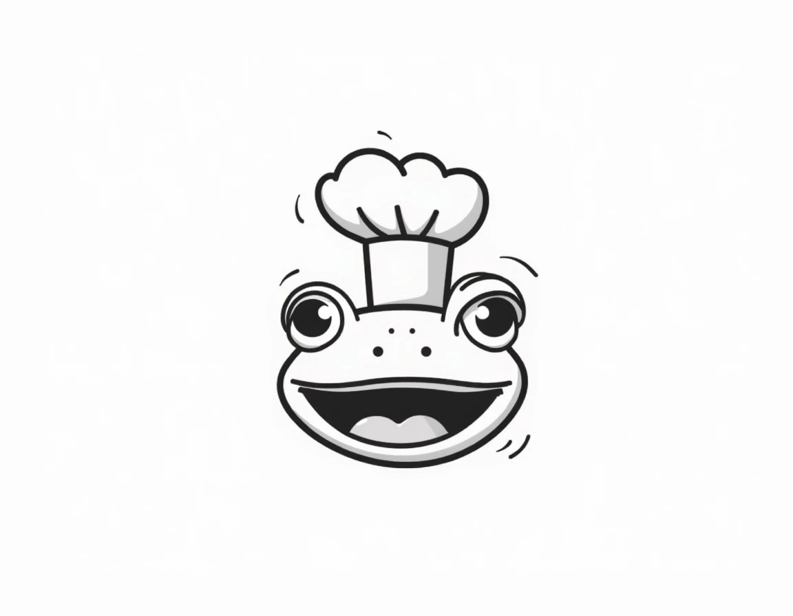  Create the face of a frog with a chefs hat made with black lines and white background