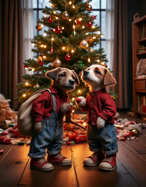 Chihuahua boy and Jack Russell Terrier girl preparing a Christmas tree at home and attaching illuminated decorations to the Christmas tree