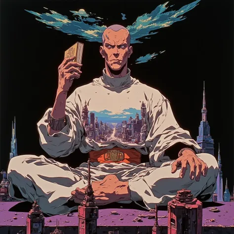 cyberpunk, monk, chillin in the city
 god eye, antagonist , daoists  , double_exposure vibrant colorful heavens paradise onto the shape of a male priest praying with one hand with book touching the sky with a black backdrop"canvas_in_shape | black plain ba...