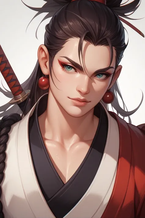 A high detailed human samurai, rendered in a stylized anime/fantasy style. The lightining and backgroud are neutral, creating a studio quality image.