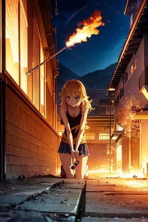 masterpiece, Highest quality anime illustrations, Super detailed,ultra high resolution、perfect lighting single girls, alone, Blonde、 semi-long hair, anime , view at viewer,  cleavage、 crouching 、I have a lighted matchstick、 black tank top seen above、 sexy ...