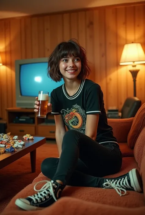 Wide shot of a young woman with her hair cut into a messy dark brown bob. She is sitting on the couch in a retro 1970s basement rec room. She sports a vintage black baseball tee with a dragon on it, form-fitting black skinny jeans, and black Converse All-S...