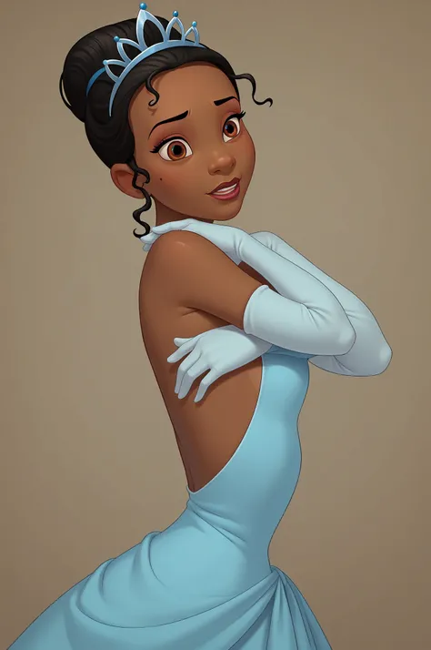 score_9, score_8_up, score_7_up, score_6_up, score_5_up, score_4_up, BREAK, 1girl, Tiana, Disney, dark skin, very dark skin, dark-skinned female, brown eyes, black hair, blue dress, elbow gloves, blue tiara, modeling pose sinus pressure