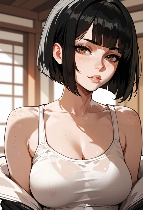 1girl, japanese, big breasts, freckles, bob haircut, black hair, brown eyes, straight bangs, sketch 