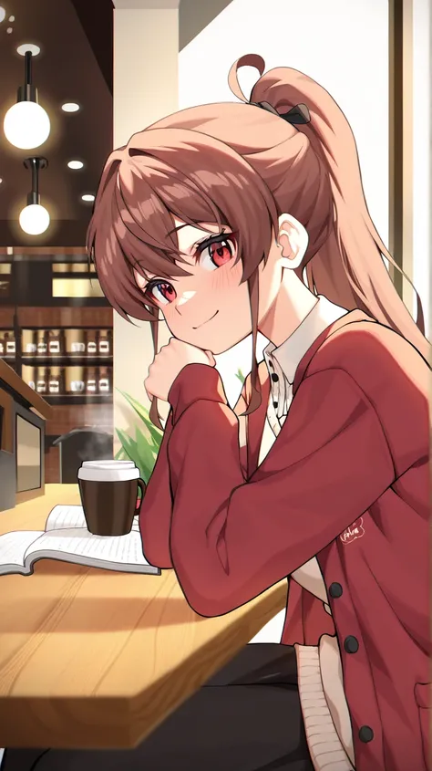  black-ponytail haired girl wearing knitwear enjoying coffee at a cafe early in the morning, with a paperback book beside the table,  anime style , anime style,  atmospheric perspective, UHD, retina, masterpiece, accurate, anatomically correct, super detai...