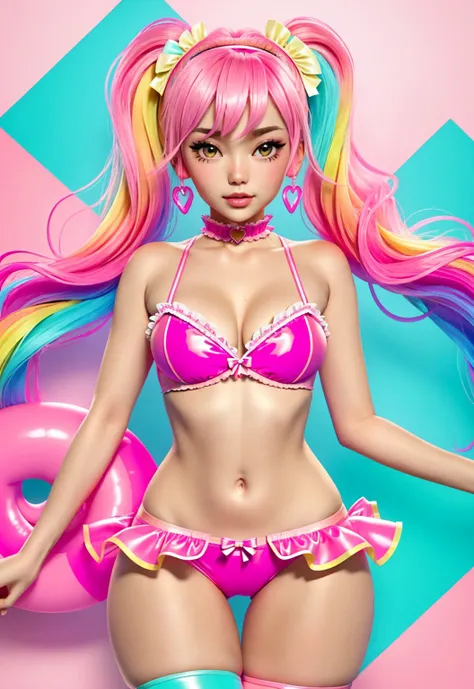 a close up of a woman in a pink bikini and stockings, rave outfit, wavy lingeries, candy girl, bold rave outfit, in the colors hot pink and cyan, gogo dancer, cute rave outfit, wild rave outfit, colorful pigtail, barbie doll in panties and bra, turquoise p...