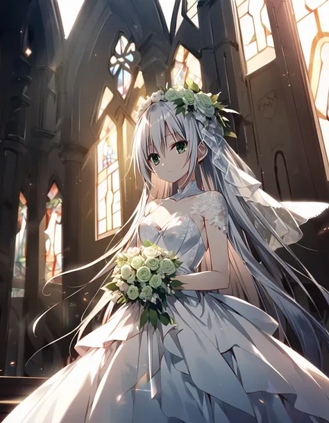 (((Terminus Est))), (((SEIREI TSUKAI NO BLADE DANCE))), beautiful, loli, lomg white hair, milky white skin, expressionless face, small smile, eyes that are blue with a tint of green, church, wedding, natural lighting, cinematic lighting, dark and moody, dr...