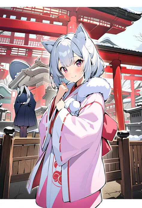 winter，smile，Dog ears girl，         Silver Hair，     Japan，shrine， White Ear，  Knee，smile，Shrine maiden