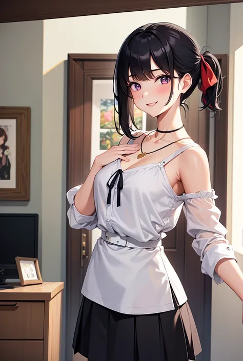 1girl, mature female, 26-years-old, black hair, medium length, tied in a loose low ponytail, purple eyes, fair skin, hair ribbon, loose bangs, hair ornament, white blouse, square neckline, three-quarter sleeves, skirt, high-waisted skirt, black skirt, red ...